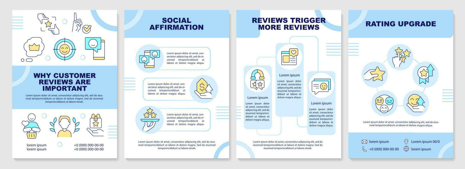 Why customer reviews important blue brochure template. Leaflet design with linear icons. Editable 4 vector layouts for presentation, annual reports