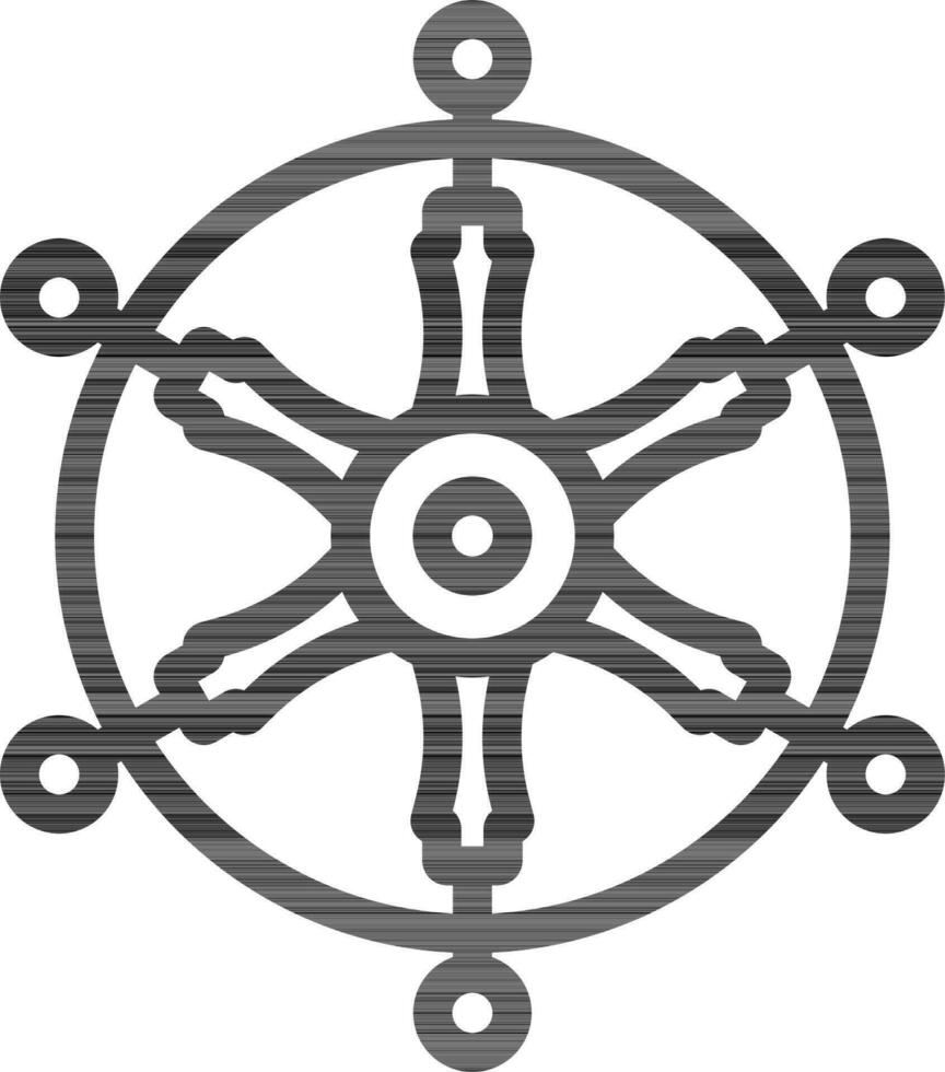 Vector Illustration Of Dharma Wheel In Outline Style.