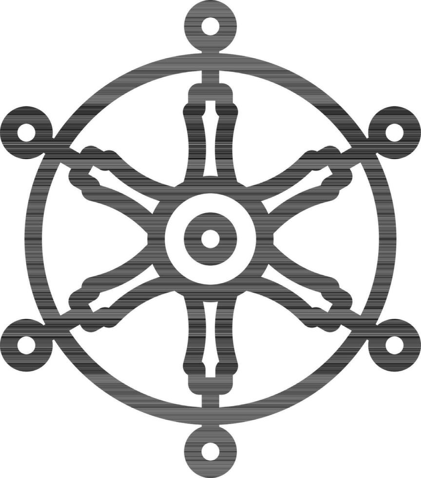 Vector Illustration Of Dharma Wheel In Outline Style.