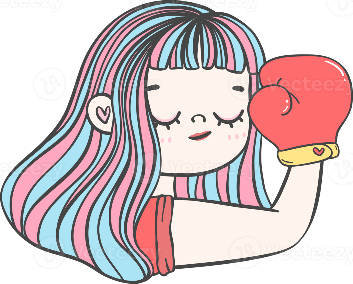 Cute girl strong face with boxing glove cartoon character hand drawing doodle outline png