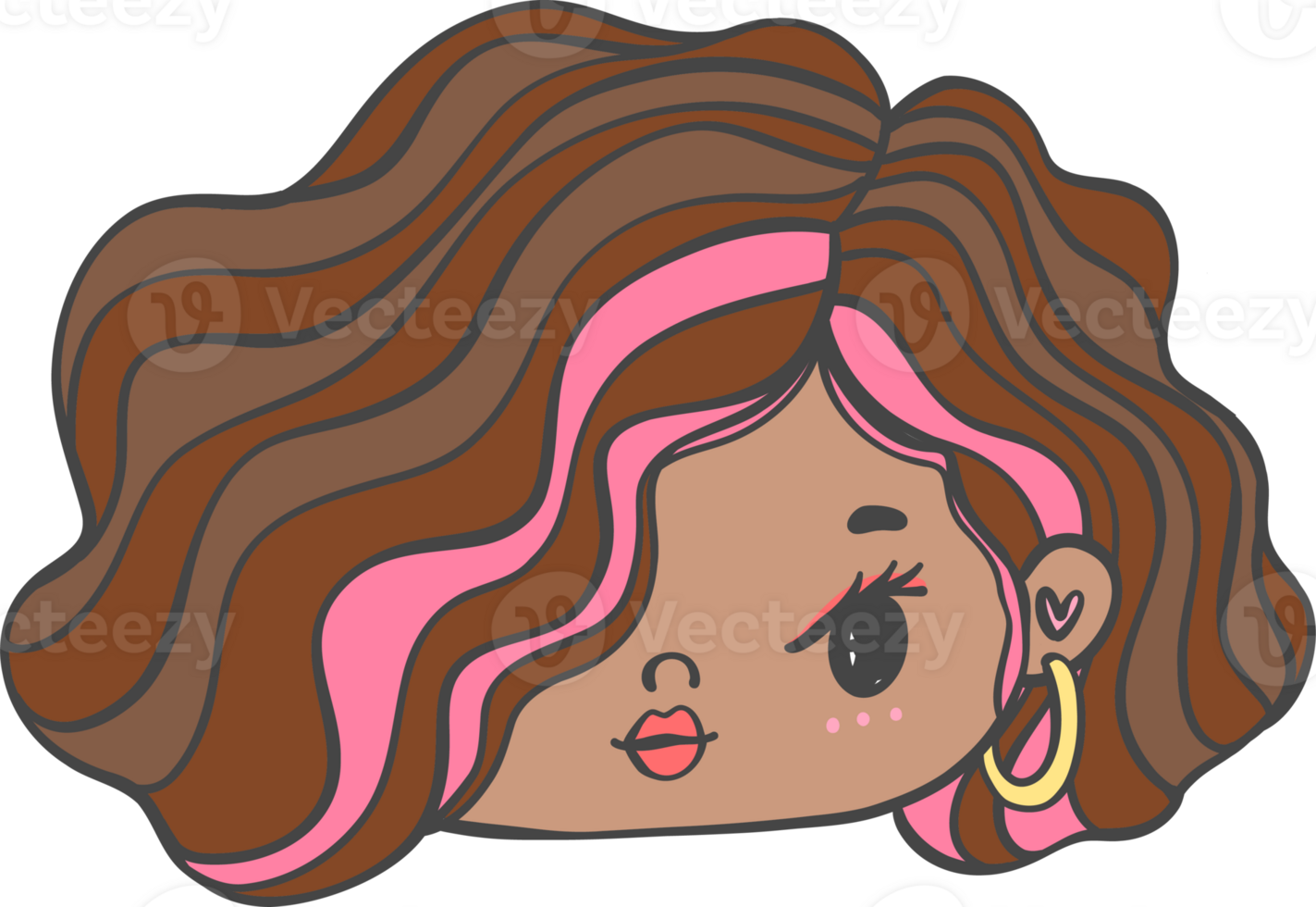 Cute girl happy strong face with colourful fashion hair cartoon character hand drawing doodle outline png