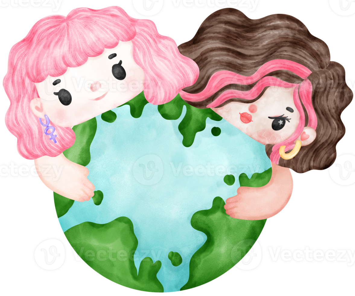 Eco friendly save earth, two young girl hug planet watercolor painting png