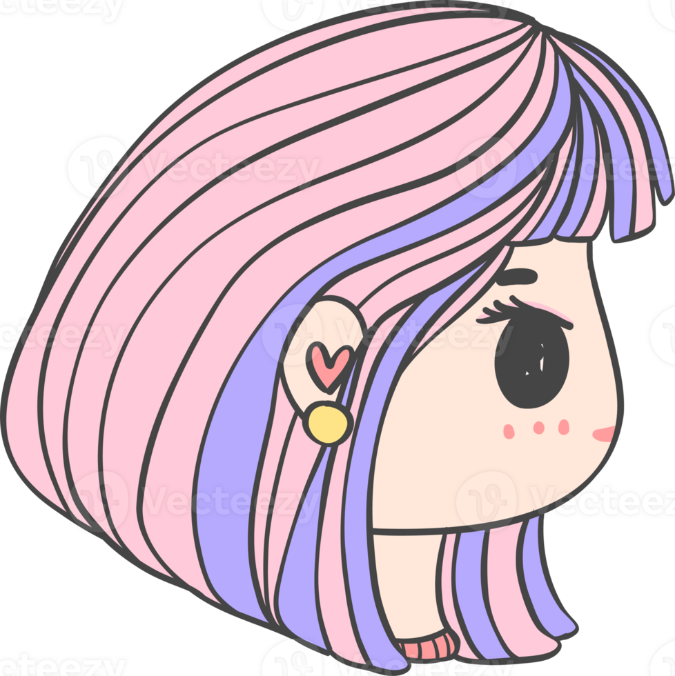 Cute girl happy strong face with colourful fashion hair cartoon character hand drawing doodle outline png