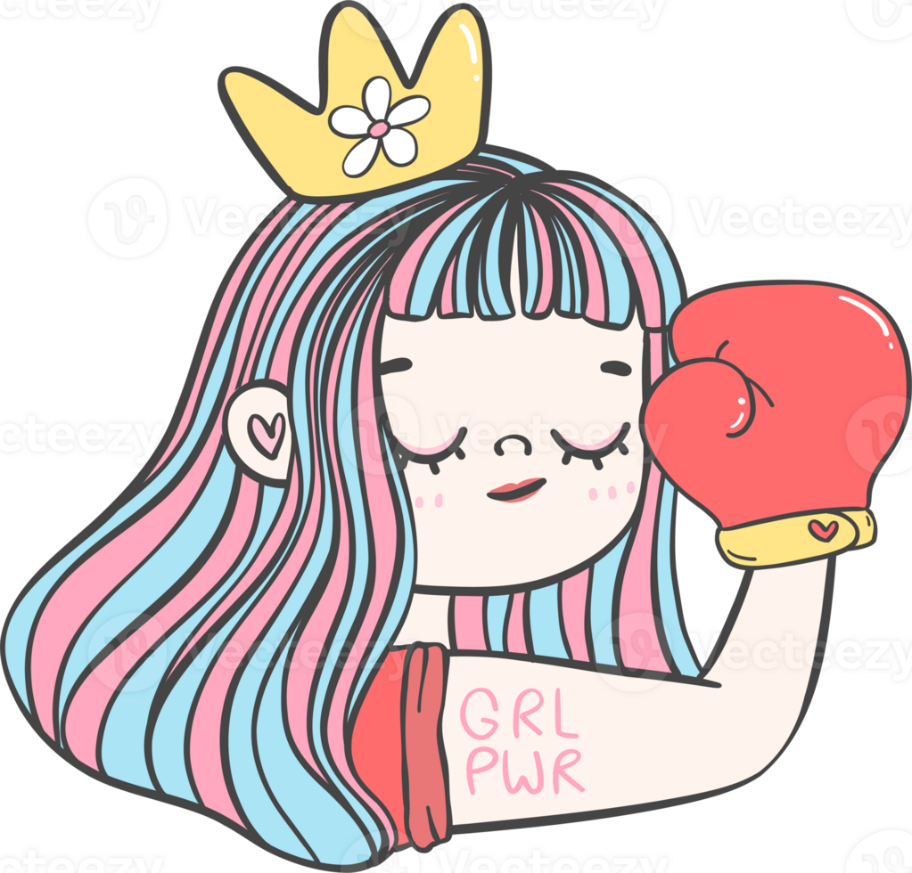 Cute girl strong face with boxing glove cartoon character hand drawing doodle outline png