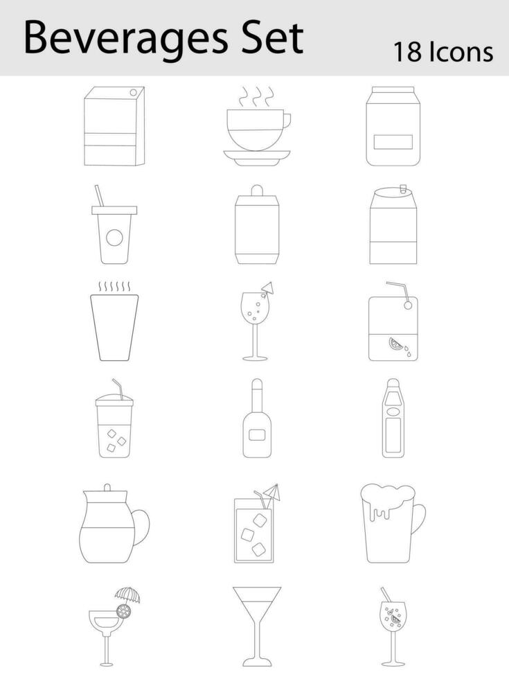Set of Beverage Icons in Black Line Art. vector