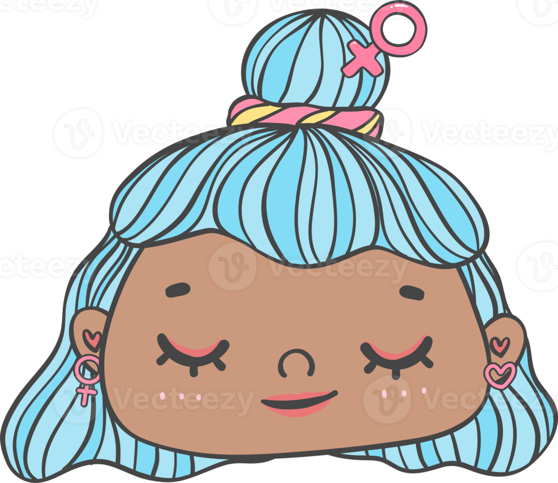 Cute girl happy strong face with colourful fashion hair cartoon character hand drawing doodle outline png