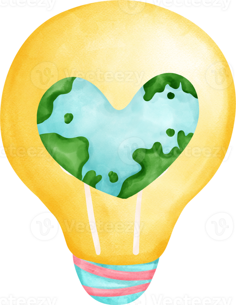 Eco friendly save energy, yellow light blub with earth symbol watercolor painting png
