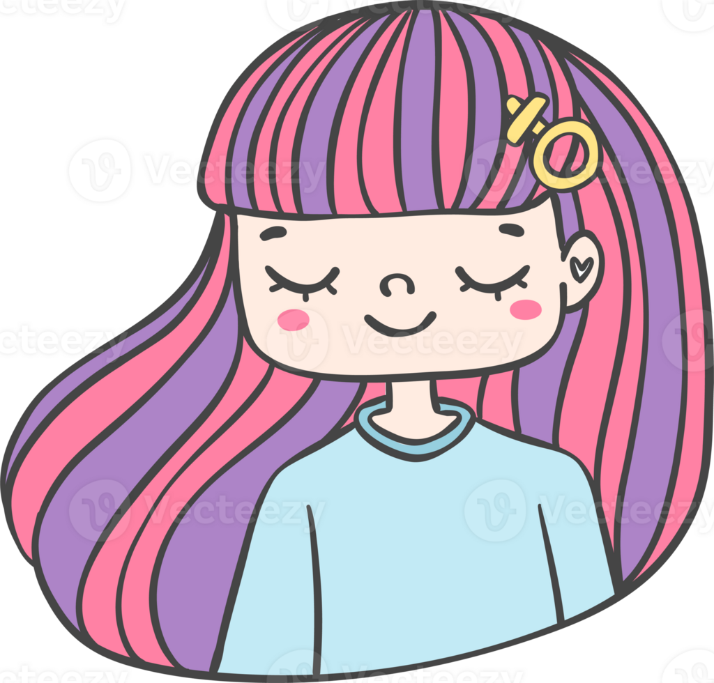 Cute girl happy strong face with colourful fashion hair cartoon character hand drawing doodle outline png