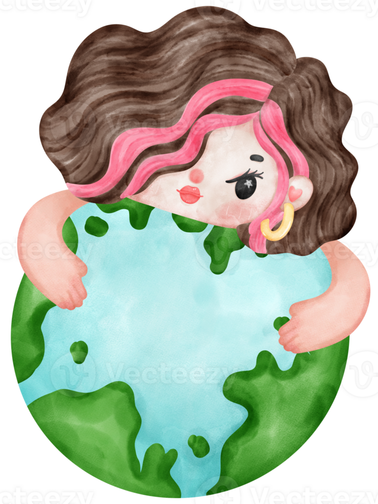 Eco friendly save earth, a young girl hug planet watercolor painting png