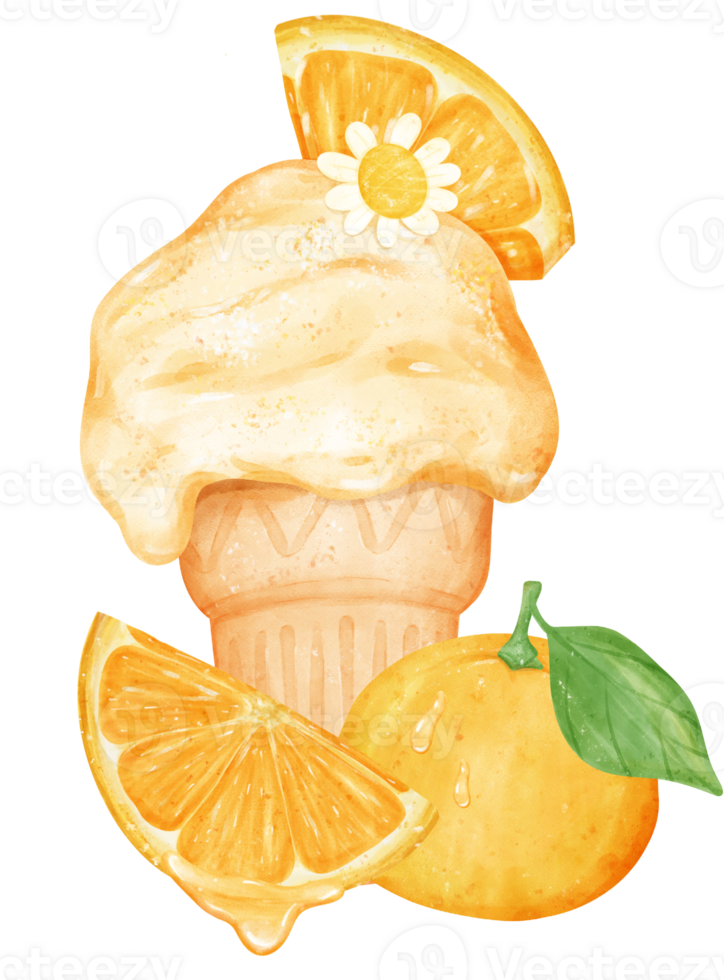 Watercolour orange fruit ice cream hand painted illustration png