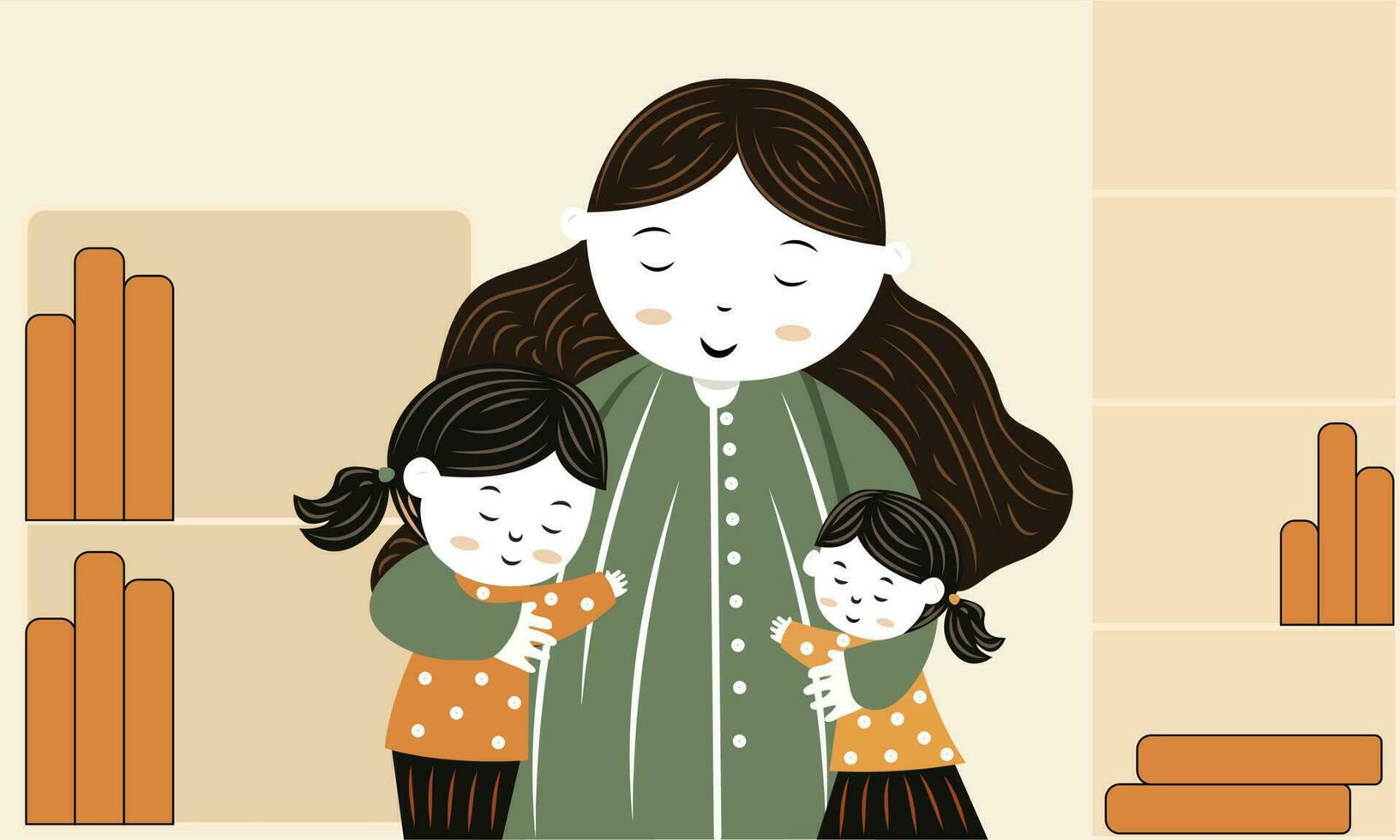 Cartoon Character of Woman Hugging Kids on Beige Background. vector