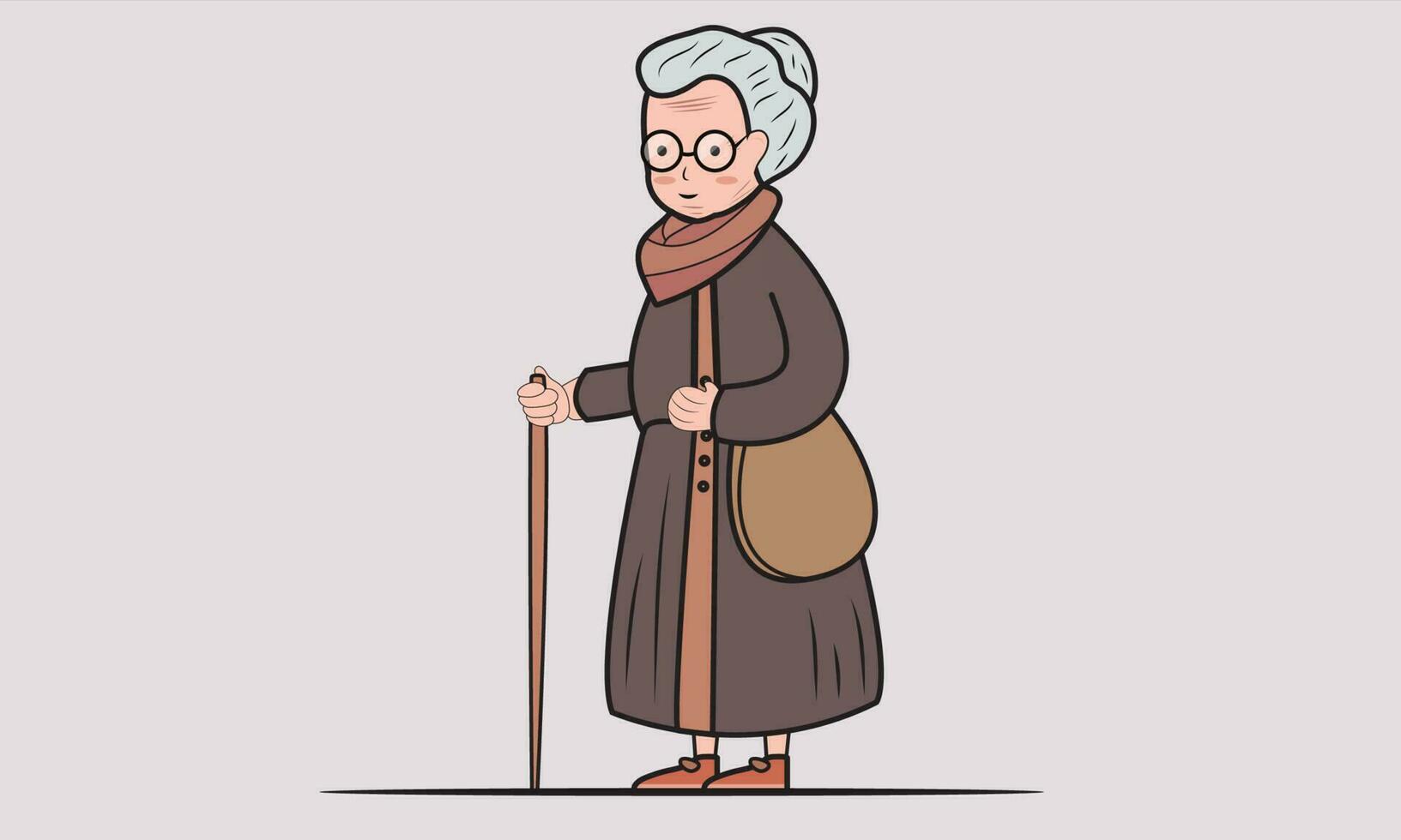 Elderly Woman Character with Walking Stick on Gray Background. vector