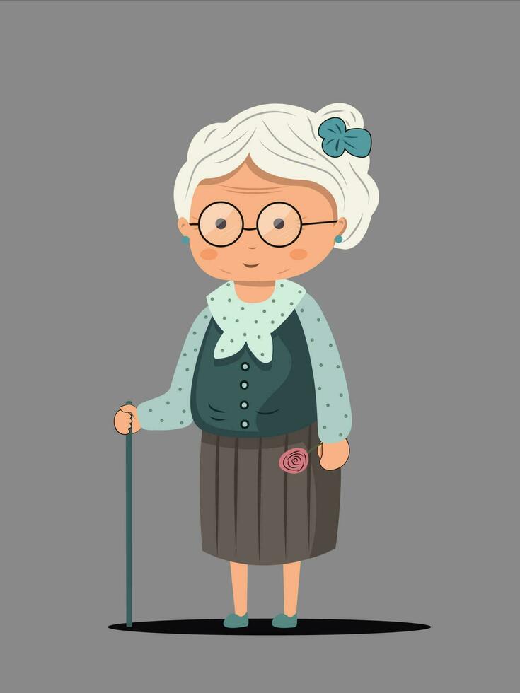 Elderly Woman Character with Walking Stick on Black Background. vector