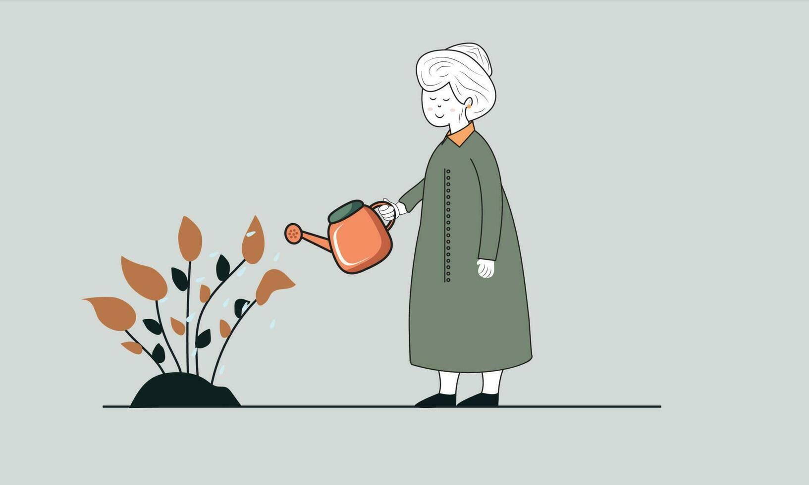 joven mujer personaje dando agua a planta desde riego lata en gris antecedentes. vector