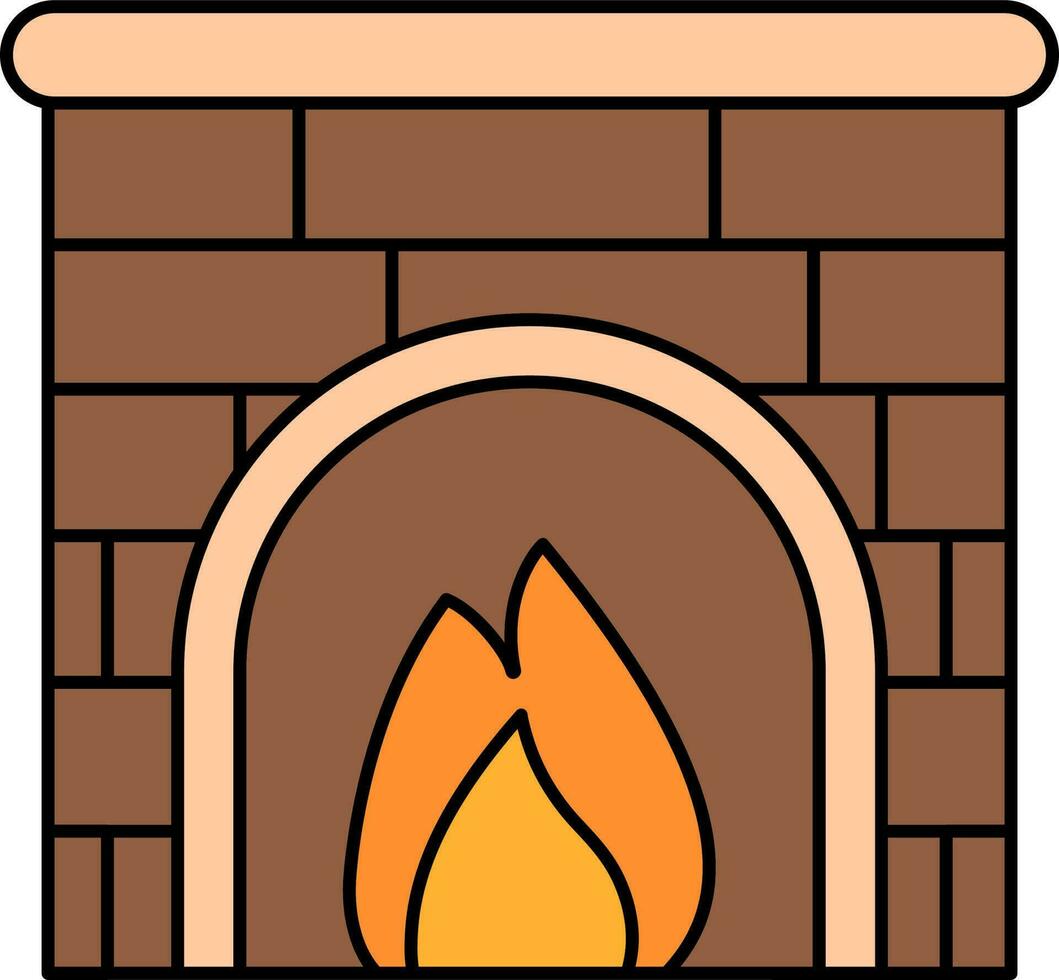 Flat Style Brick Fireplace Icon In Brown And Peach Color. vector
