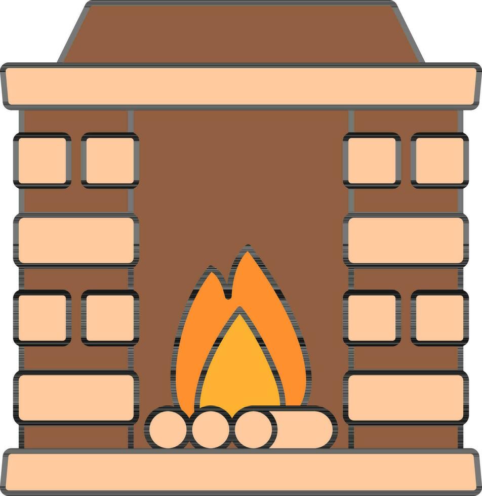 Flat Style Fireplace Icon In Brown And Peach Color. vector