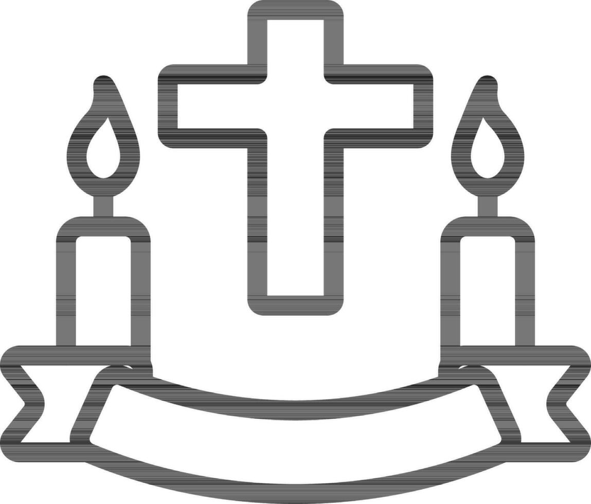 Christian Cross With Candle Icon in Black Outline. vector