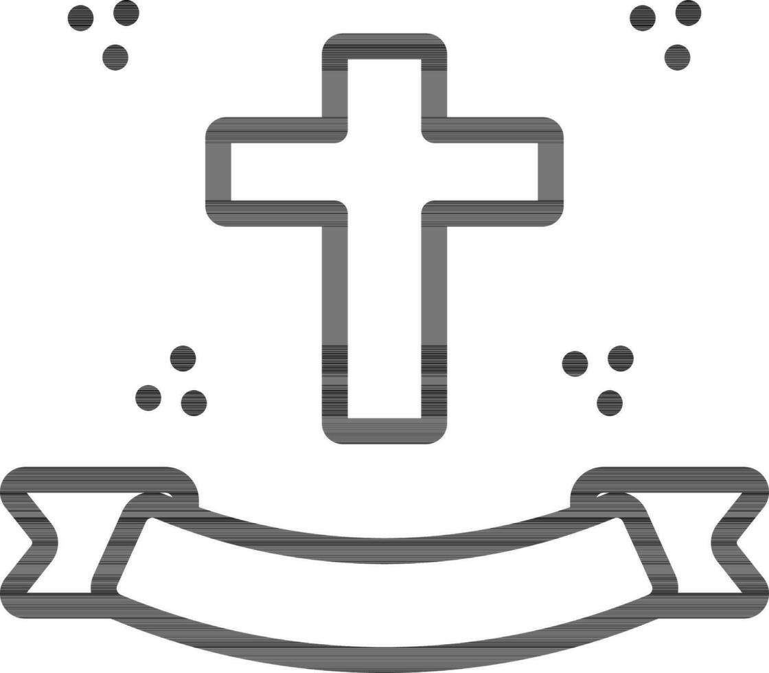 Christian Cross with Ribbon Icon in Black Outline. vector
