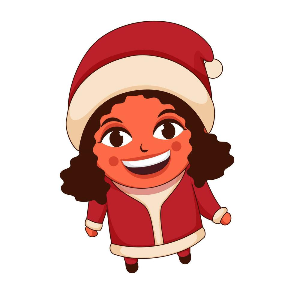 alegre niña vistiendo de lana ropa con Papa Noel sombrero en blanco antecedentes. vector