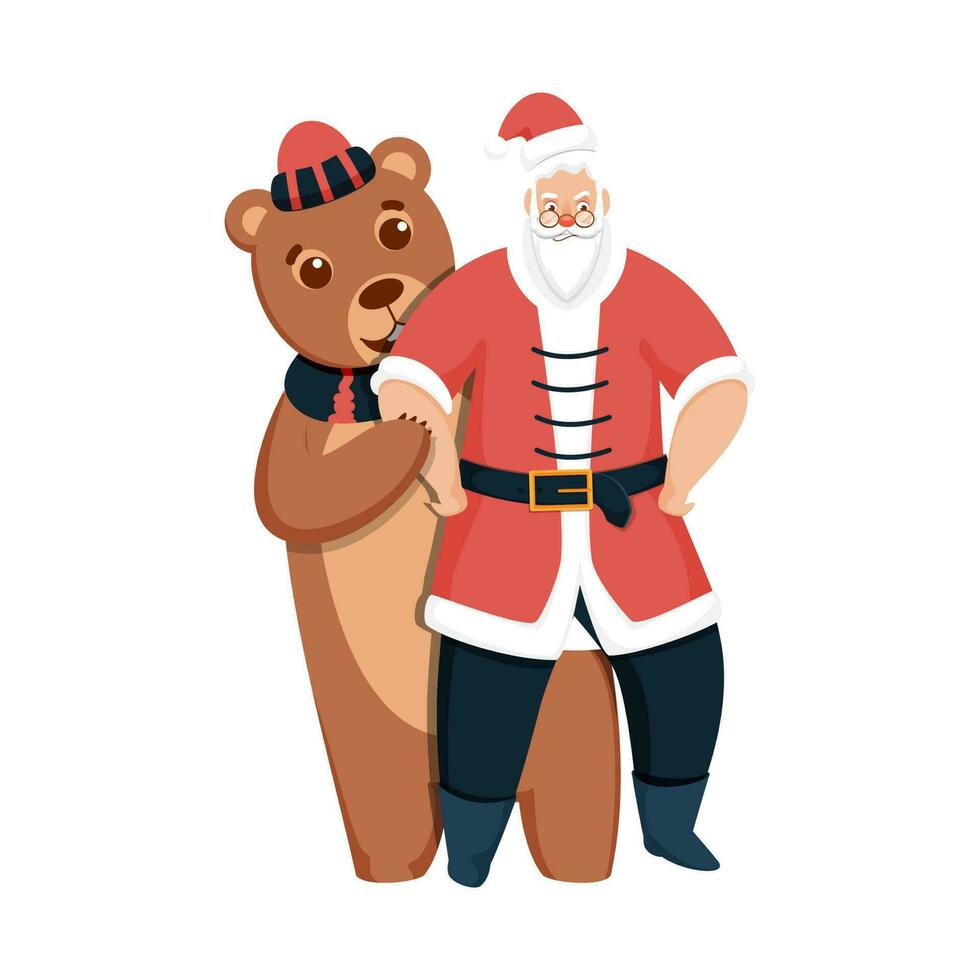 Cartoon Santa Claus With Bear Character Standing Together On White Background. vector