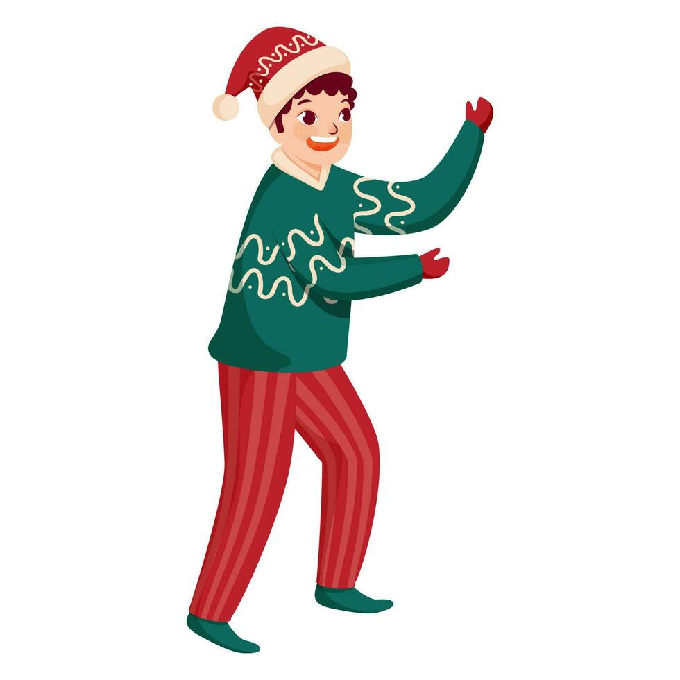 Happiness Boy Wearing Woolen Clothes In Standing Pose. vector
