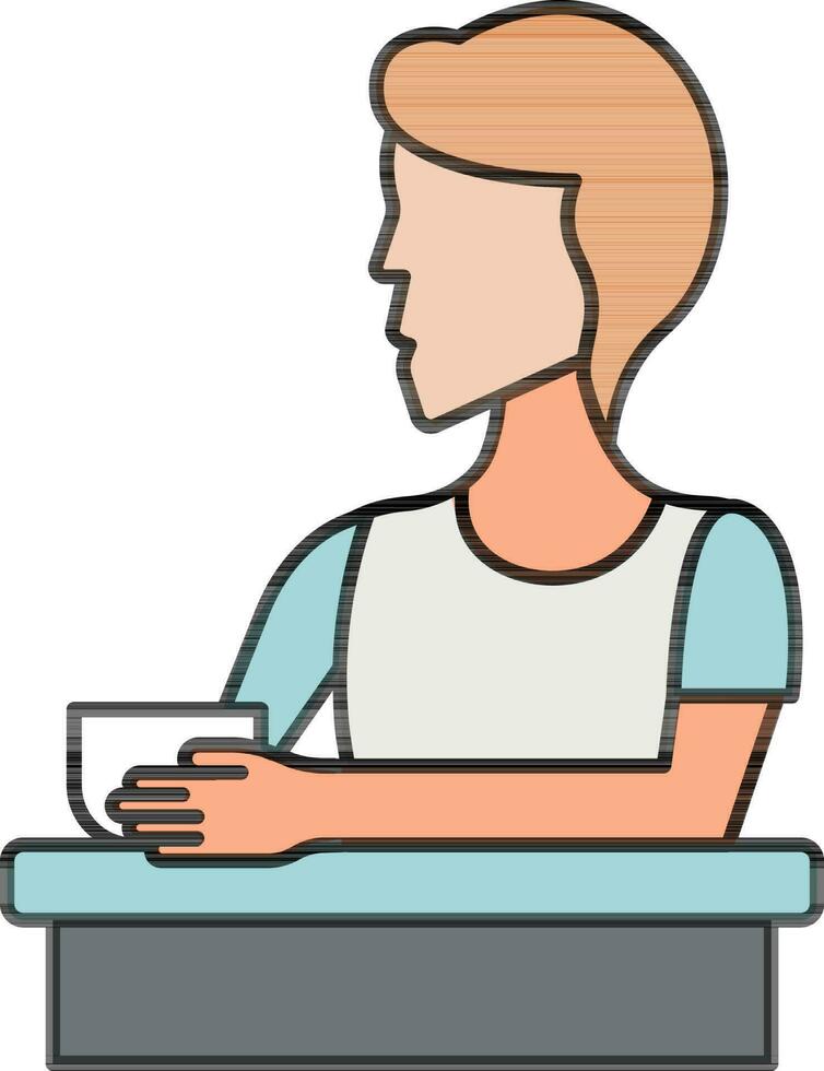 joven mujer participación bebida taza y sentar en mesa color icono. vector