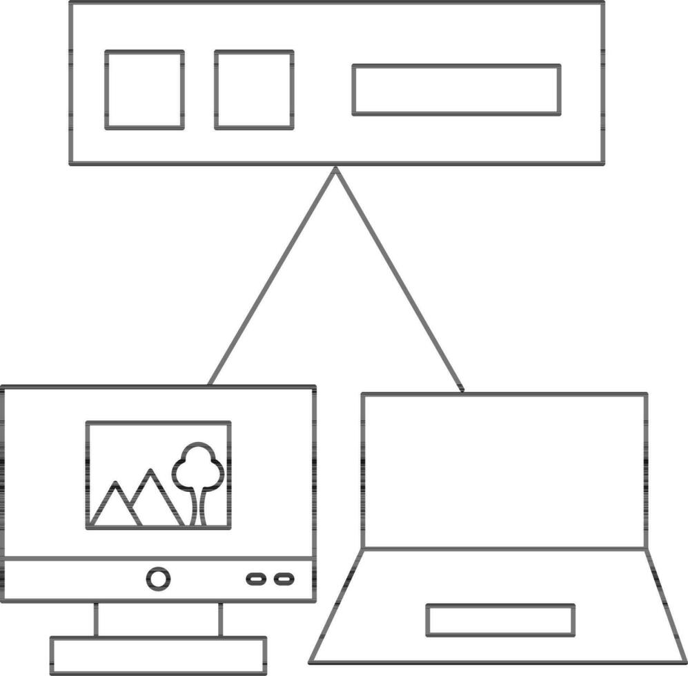 Lan Connection with Computer and Laptop Icon in Line Art. vector
