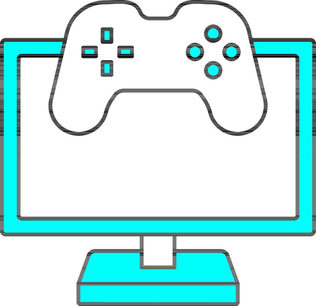 Computer With Video Game Icon Or Symbol In Cyan And White Color. vector