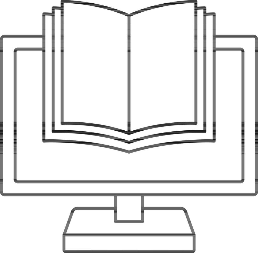 Black Line Art E-Book In Desktop Screen Icon. vector