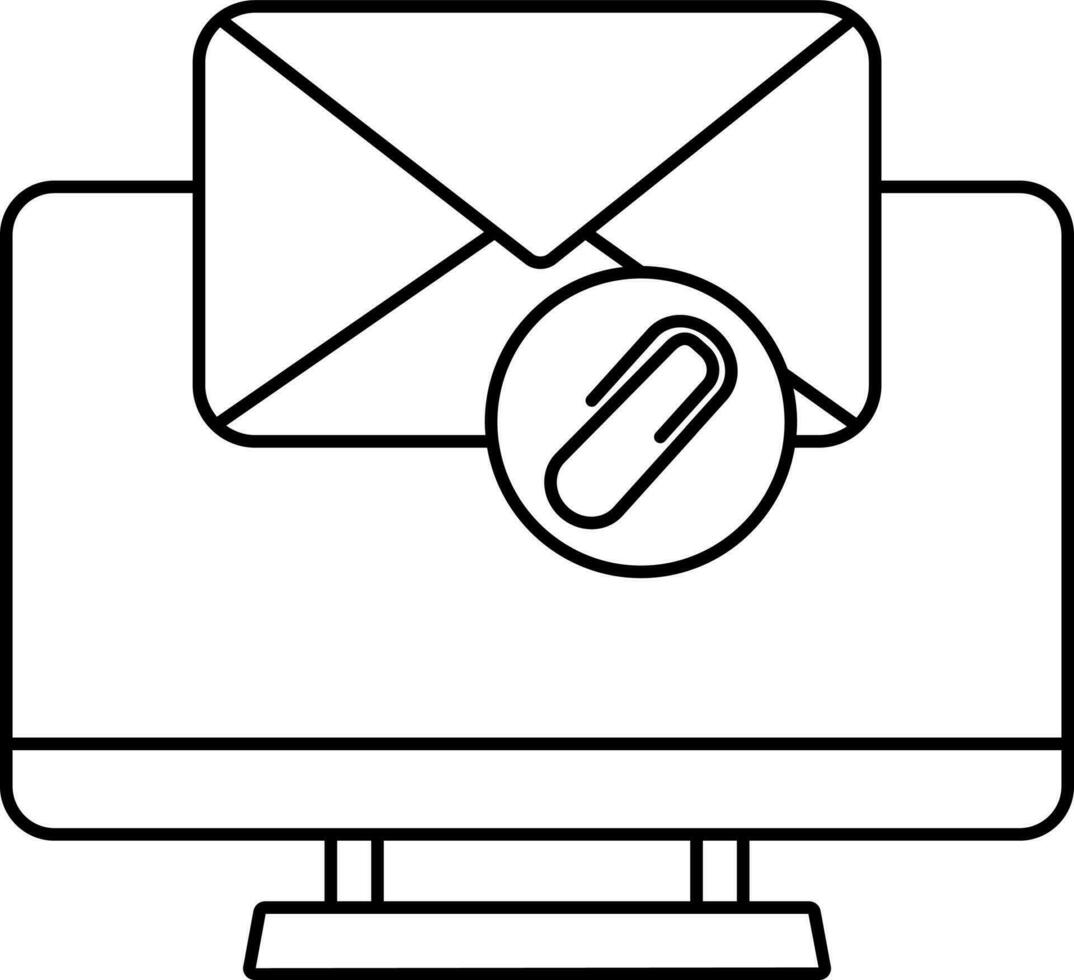 Black Outline Computer With Mail Icon Or Symbol. vector