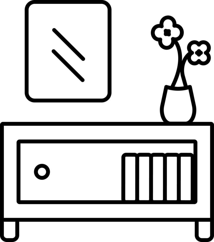 Black Line Art Illustration Of Book Drawer with Flower Pot and Mirror Icon. vector