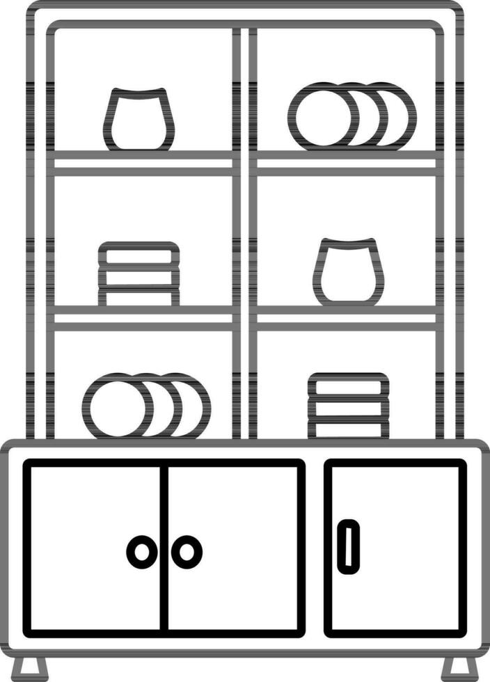 Dishware Cupboard Icon in Black Line Art. vector