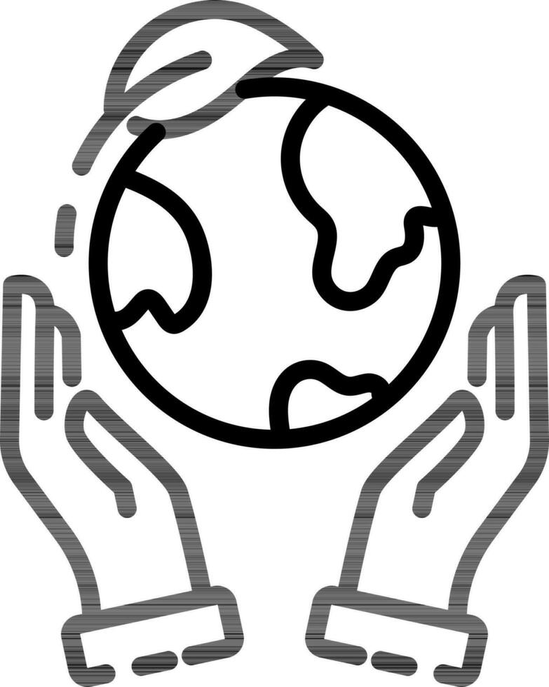 Black Line Art Illustration of Hands Protecting Eco Globe Icon. vector