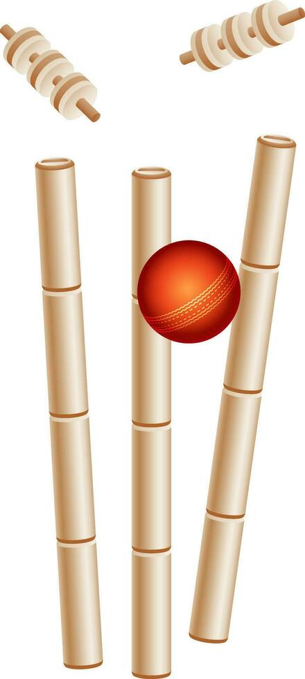 Realistic Red Cricket Ball Hitting Wickets on White Background. vector