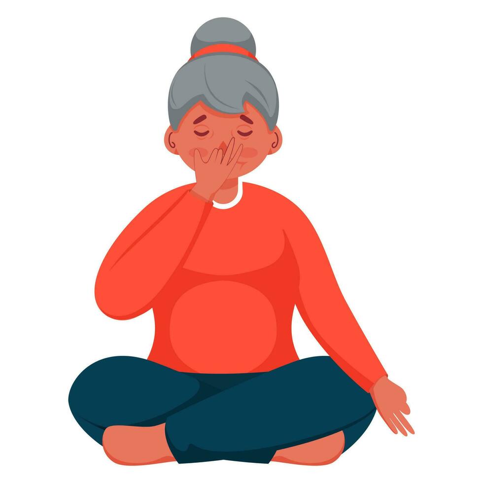 Cartoon Woman Sitting in Nostril Breathing Yoga Pose. vector