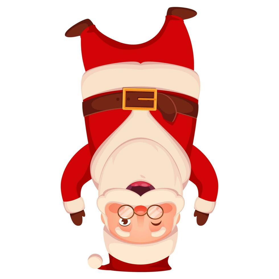 Cartoon Santa Claus Standing Upside Down with His Head on White Background. vector