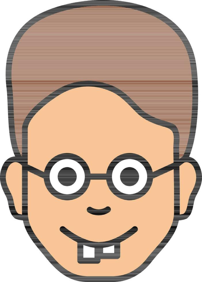 Nerd Face of Cartoon Boy Icon in Brown and Light Orange Color. vector