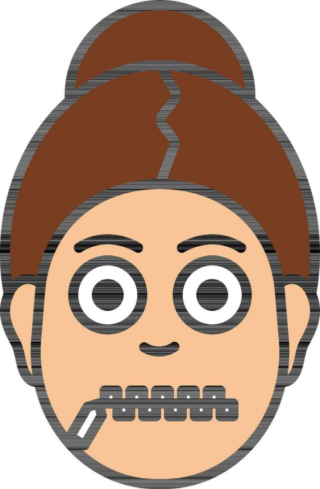 Cartoon woman face with zipper mouth on white background. vector