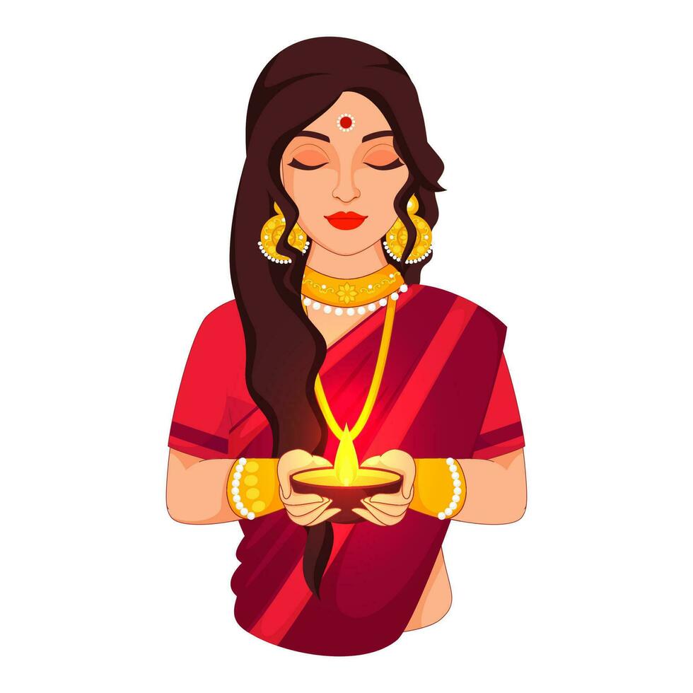 Beautiful Young Indian Woman Holding Illuminated Diya on White Background. vector