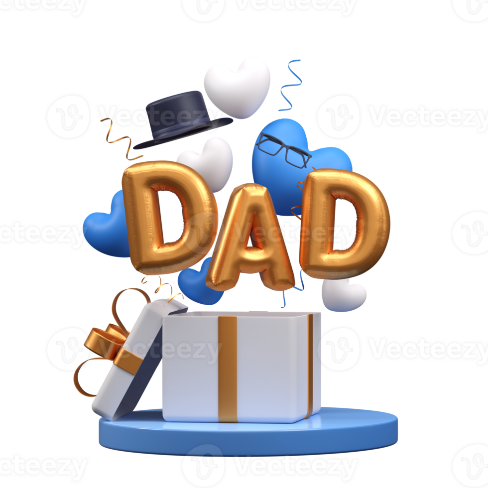 Balloony Golden DAD Text with Hearts, Cap and Eyeglasses Coming Out From Gift Box for Father Day Celebration Concept. png