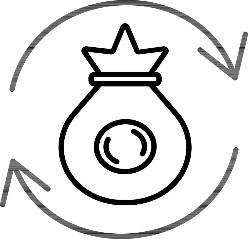 Money Bag With Arrows Icon In Black Line Art. vector