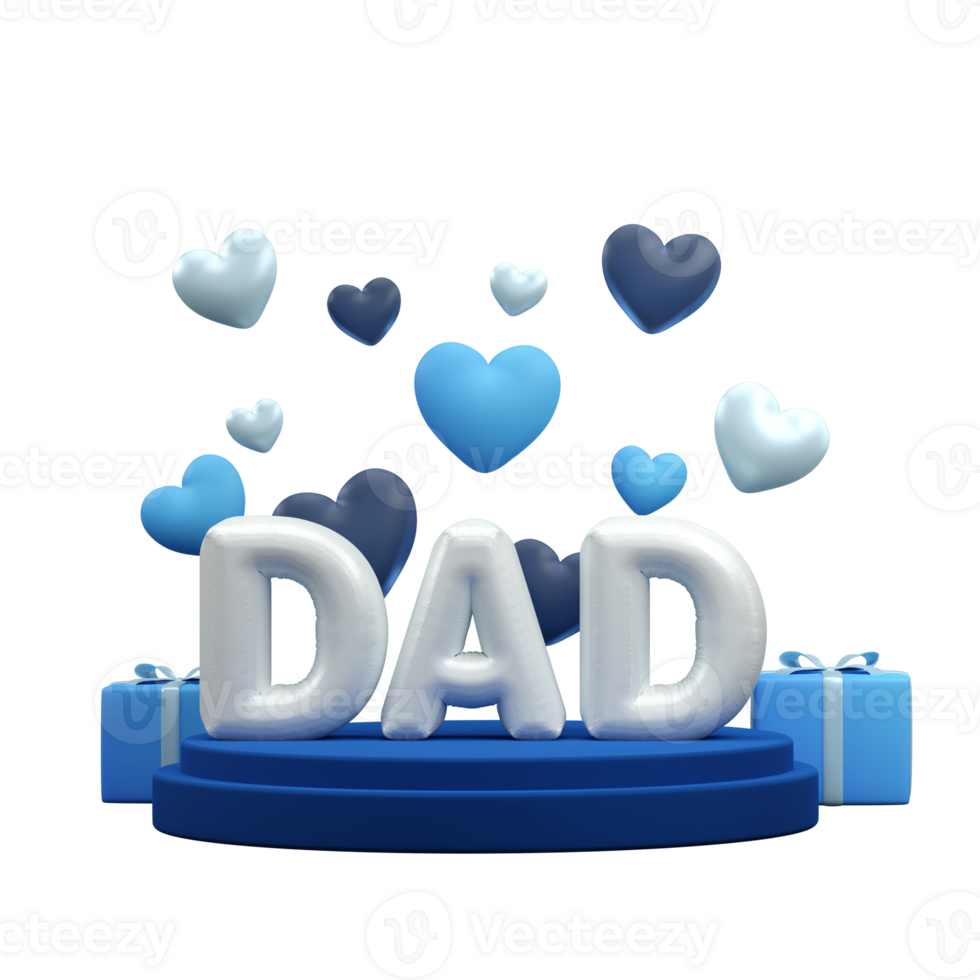 Balloony DAD Text with Gift Boxes and Blue and White Flying Hearts for Father Day Celebration Concept. 3D Render. png
