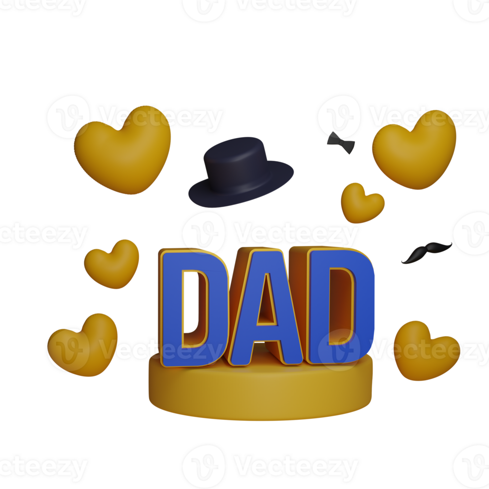 3D Blue DAD Text with Male Hipster Elements and Flying Yellow Heart Shapes on Round Stage or Podium for Father Day Celebration Concept. png