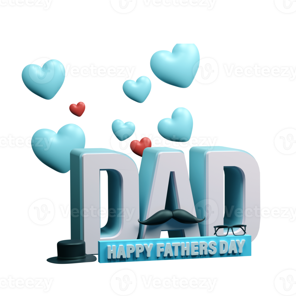 3D Blue and White DAD Text with Male Hipster Elements and Flying Hearts for Happy Father Day Celebration Concept. png