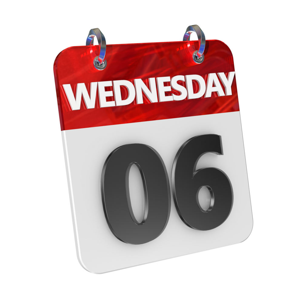 Wednesday 6 Date 3D Icon Isolated, Shiny and Glossy 3D Rendering, Month Date Day Name, Schedule, History png