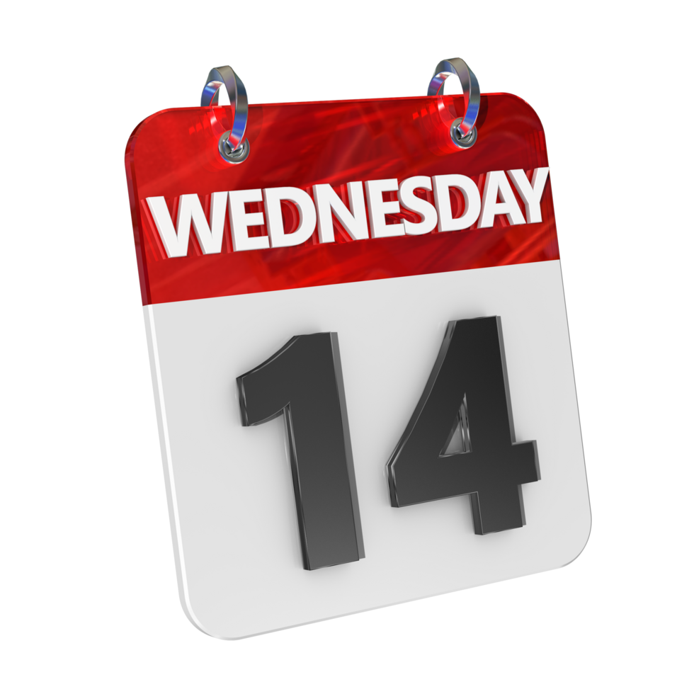 Wednesday 14 Date 3D Icon Isolated, Shiny and Glossy 3D Rendering, Month Date Day Name, Schedule, History png