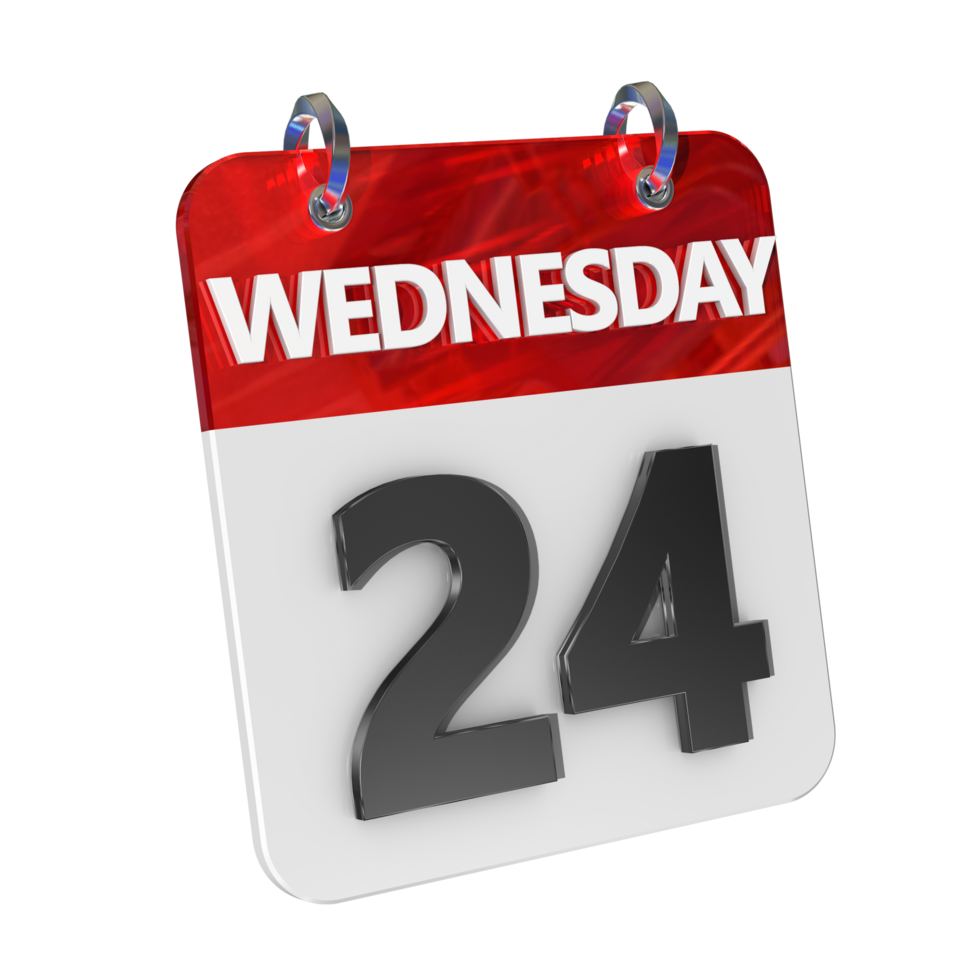 Wednesday 24 Date 3D Icon Isolated, Shiny and Glossy 3D Rendering, Month Date Day Name, Schedule