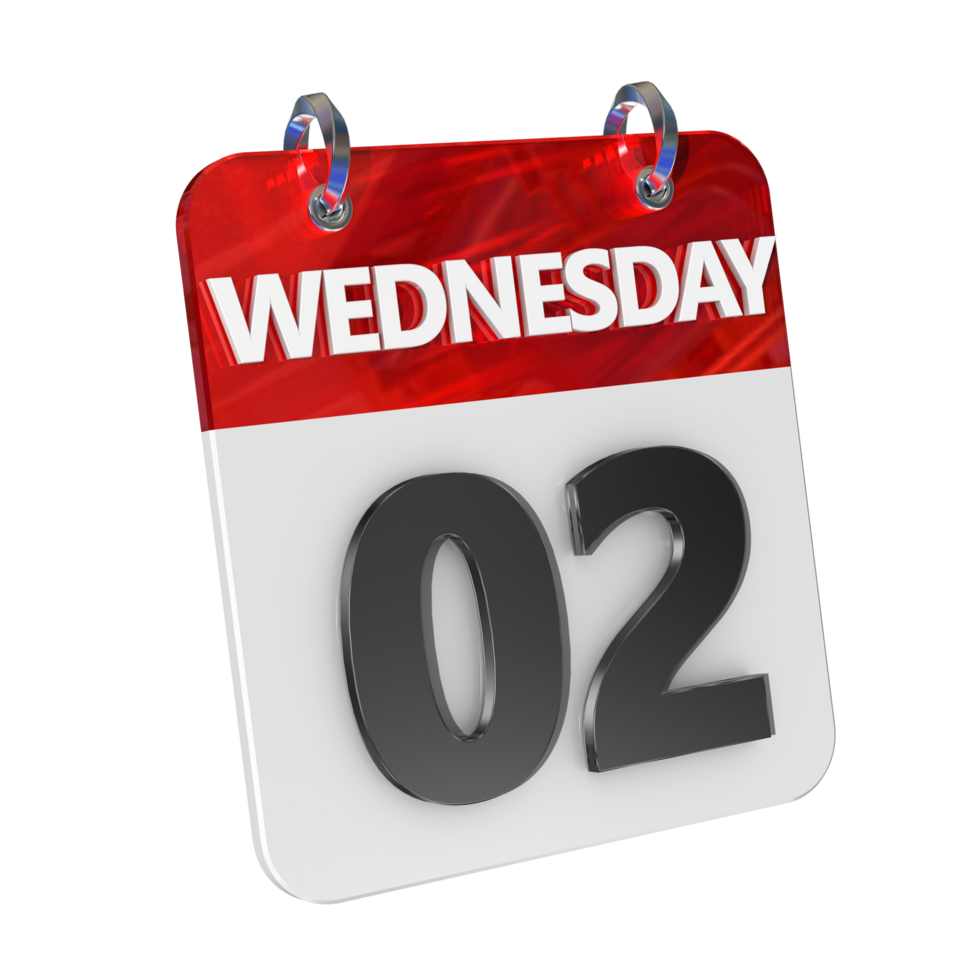 Wednesday 2 Date 3D Icon Isolated, Shiny and Glossy 3D Rendering, Month Date Day Name, Schedule, History png