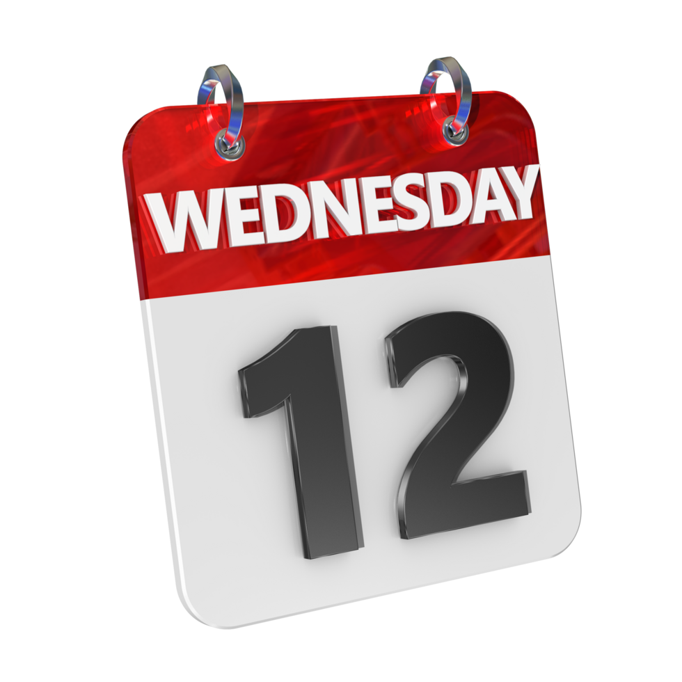 Wednesday 12 Date 3D Icon Isolated, Shiny and Glossy 3D Rendering, Month Date Day Name, Schedule, History png