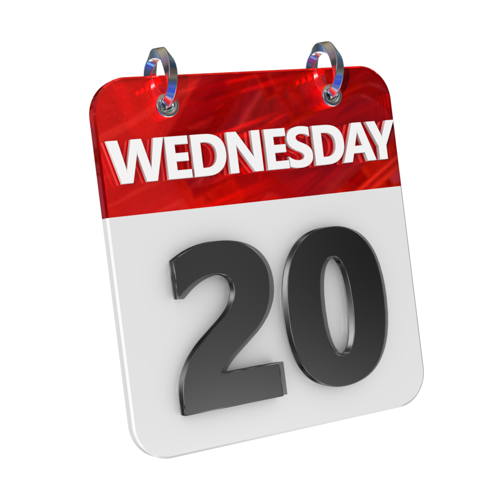 Wednesday 20 Date 3D Icon Isolated, Shiny and Glossy 3D Rendering, Month Date Day Name, Schedule, History png